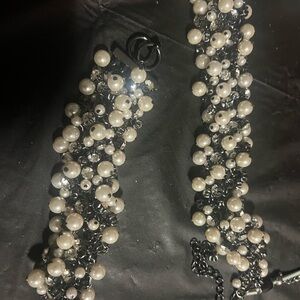 Elegant Pearl and Black Chain Necklace and bracelet